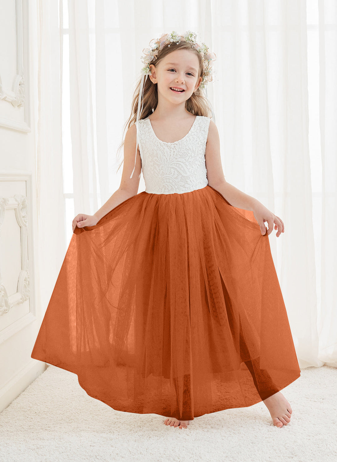 Robe Blanche Trapèze en Tulle et Dentelle Jusqu'À la Cheville
