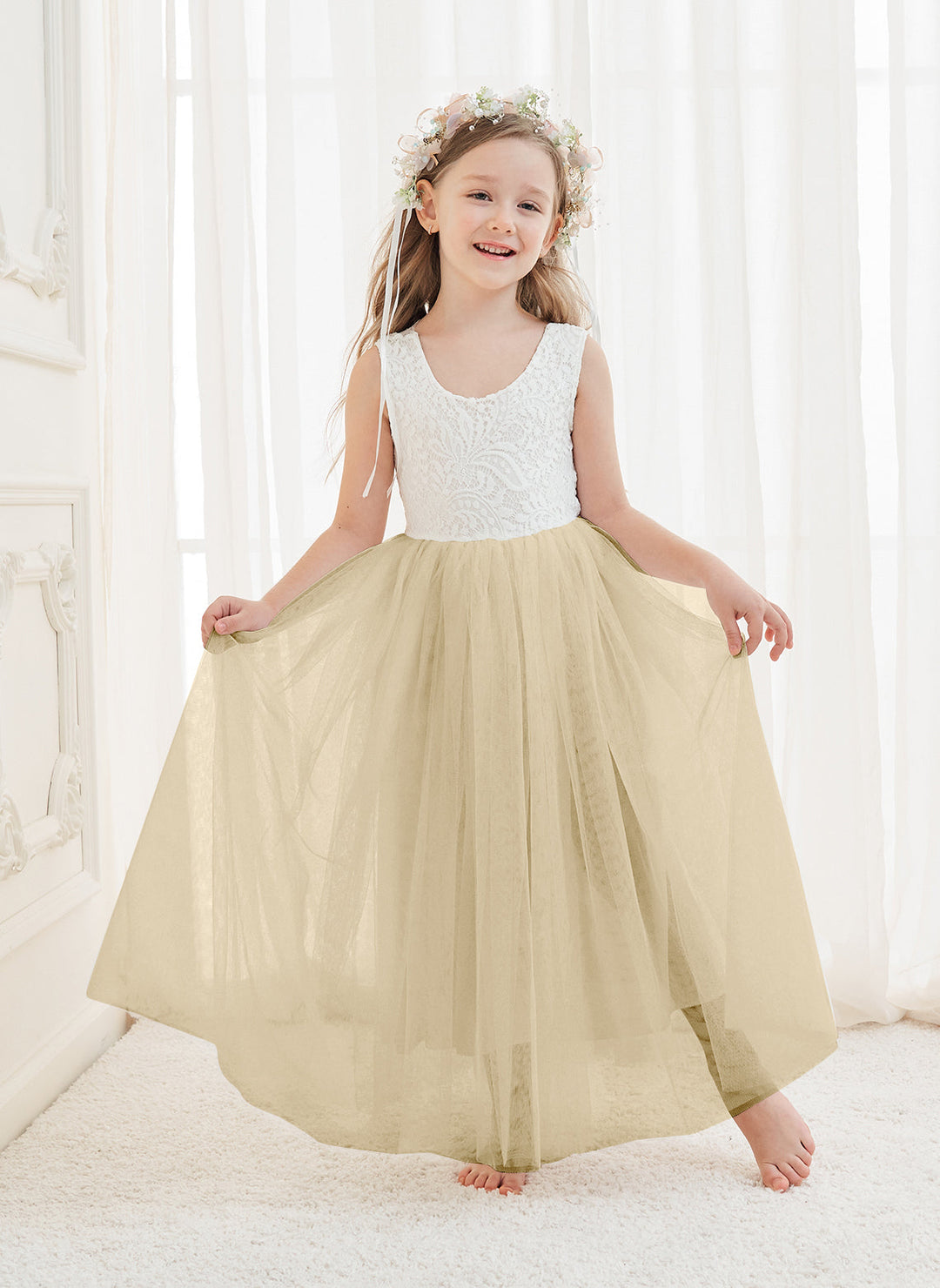 Robe Blanche Trapèze en Tulle et Dentelle Jusqu'À la Cheville