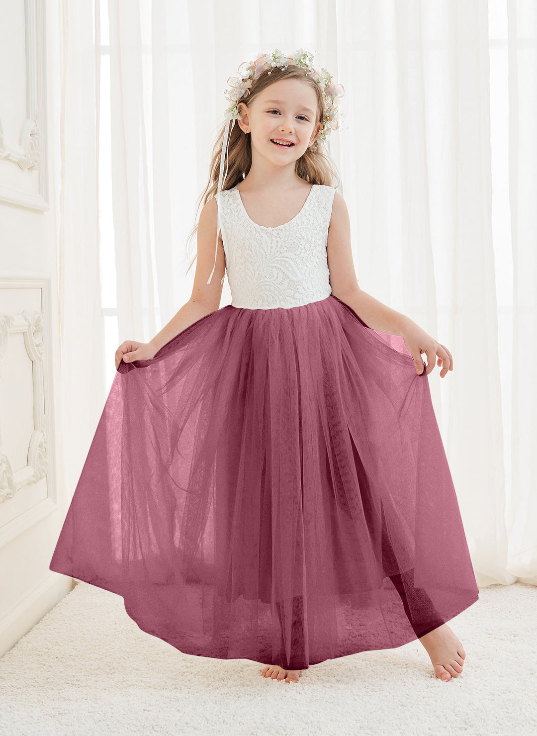 Robe Blanche Trapèze en Tulle et Dentelle Jusqu'À la Cheville