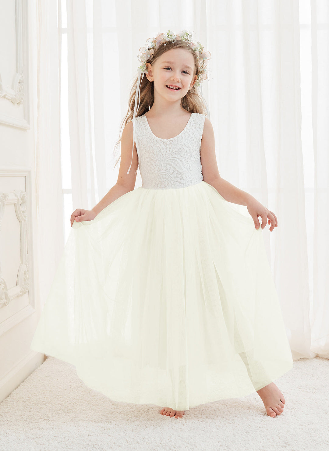 Robe Blanche Trapèze en Tulle et Dentelle Jusqu'À la Cheville