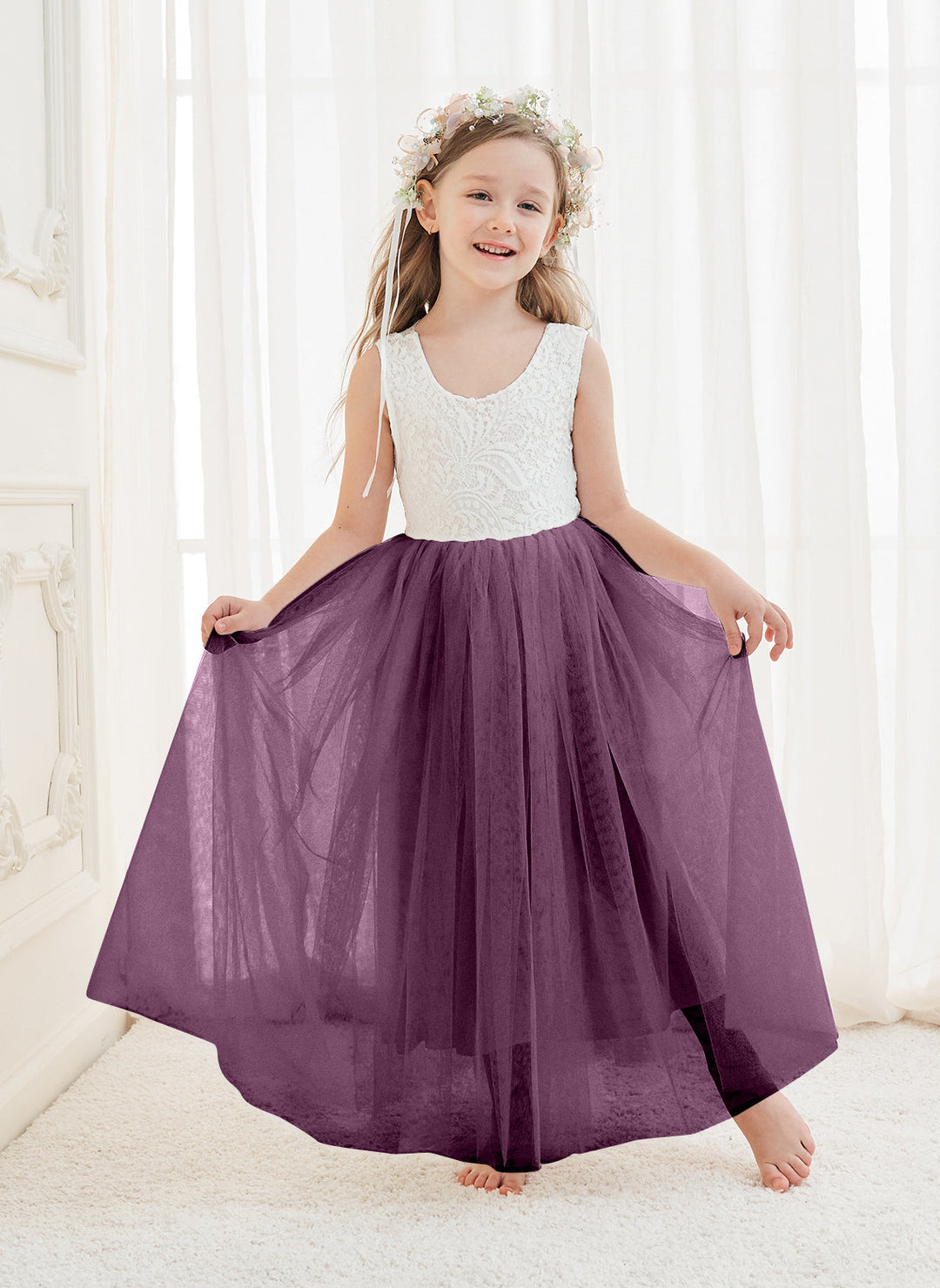 Robe Blanche Trapèze en Tulle et Dentelle Jusqu'À la Cheville