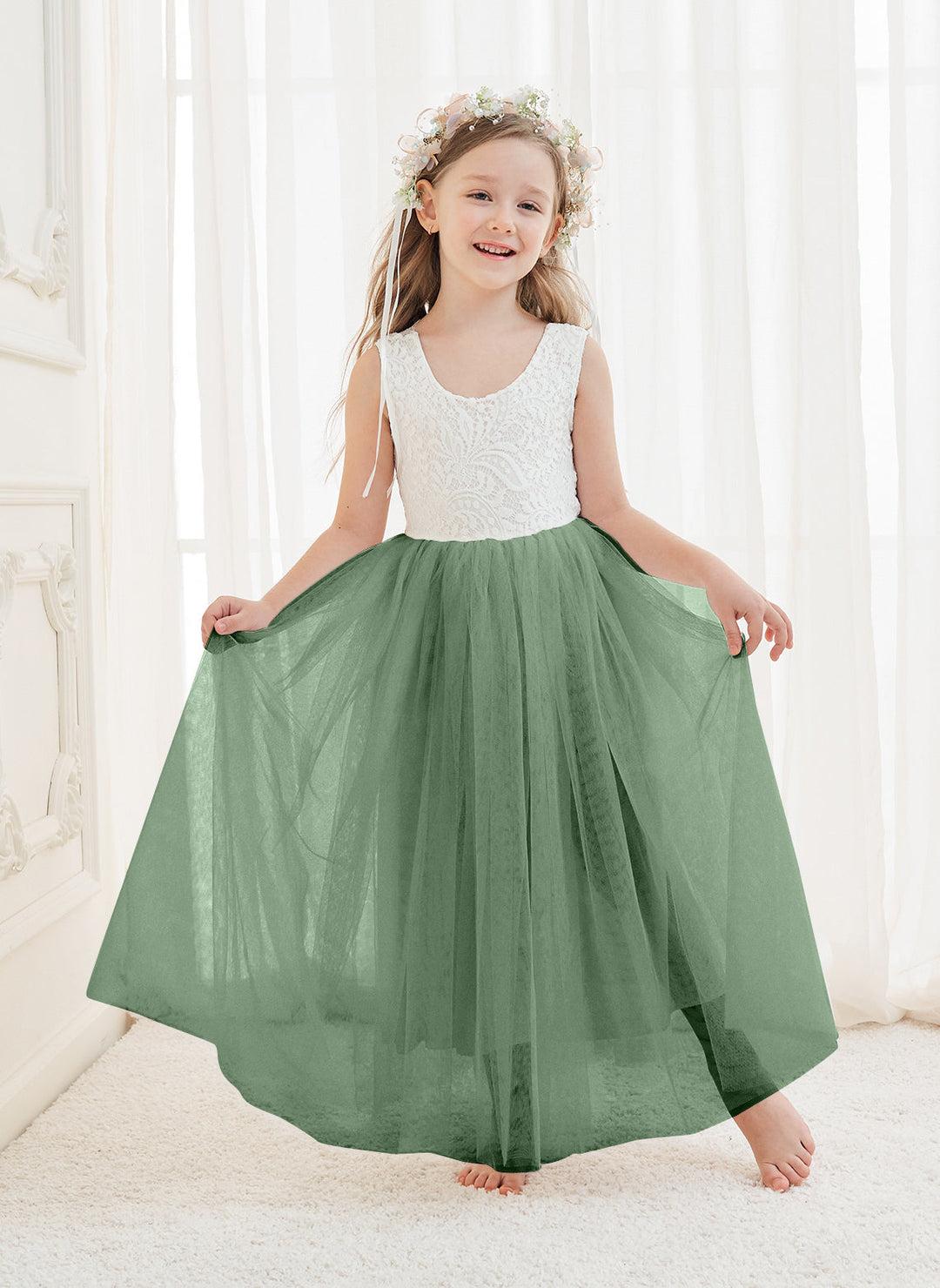 Robe Blanche Trapèze en Tulle et Dentelle Jusqu'À la Cheville