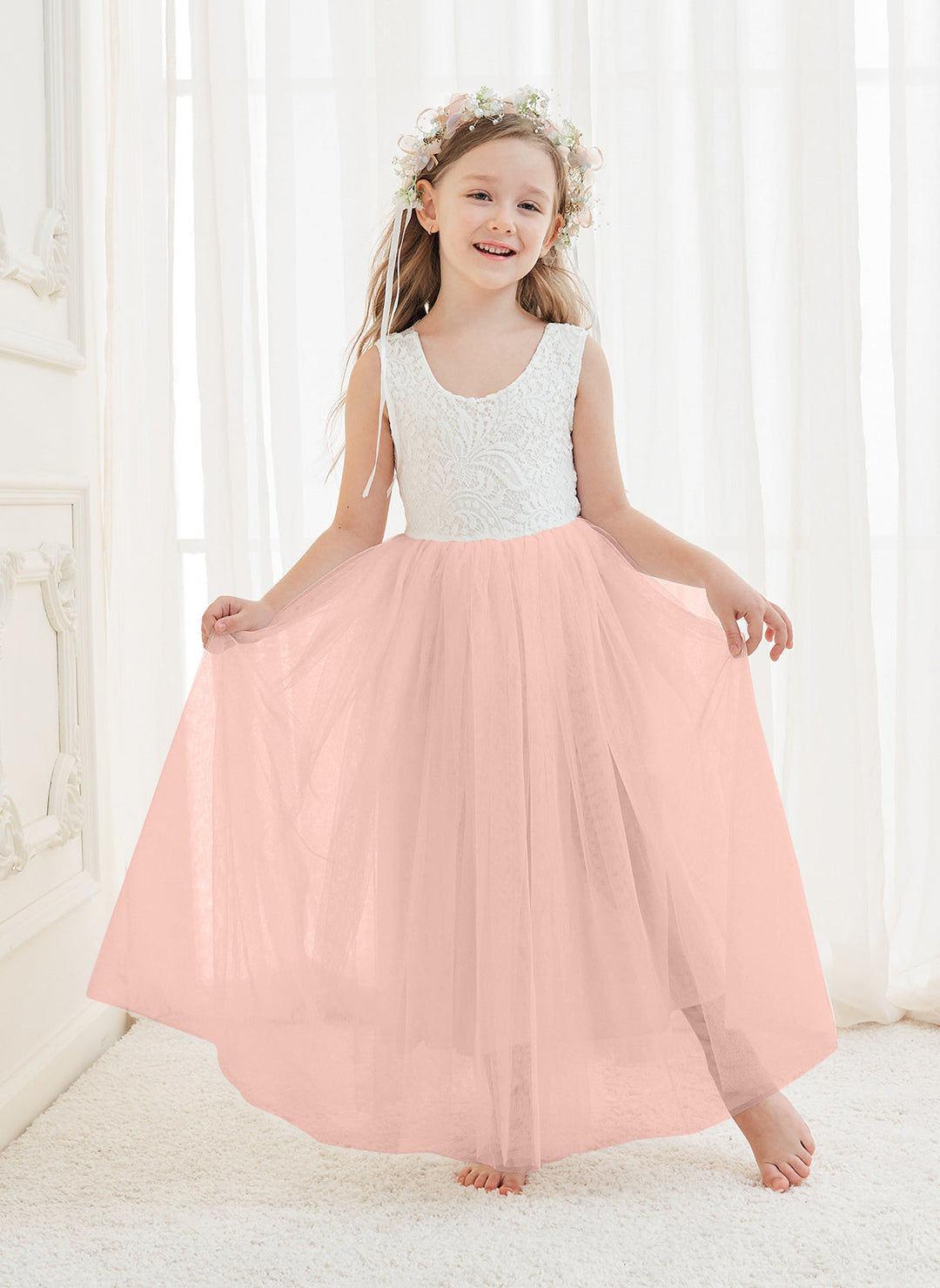 Robe Blanche Trapèze en Tulle et Dentelle Jusqu'À la Cheville