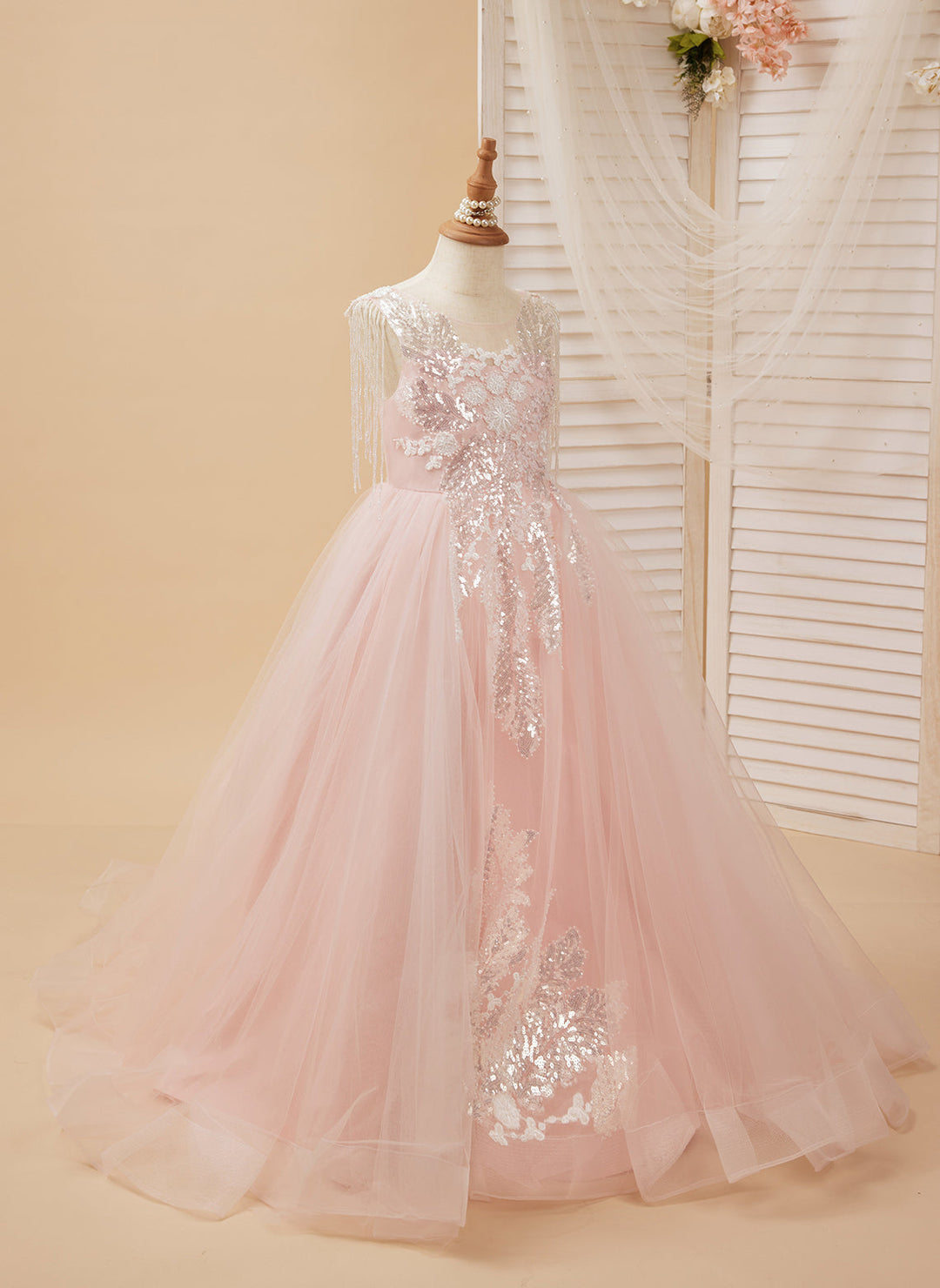 Robe de Bal/Princesse en Satin et Tulle Rose Longue Au Sol pour Fille