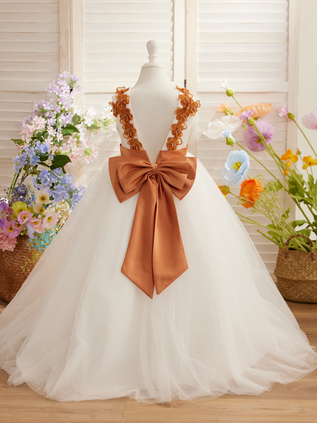Robe de Bal/Princesse en Tulle à Fleurs 3D, Longueur Au Sol, Couleur Ivoire, pour Demoiselle D'Honneur