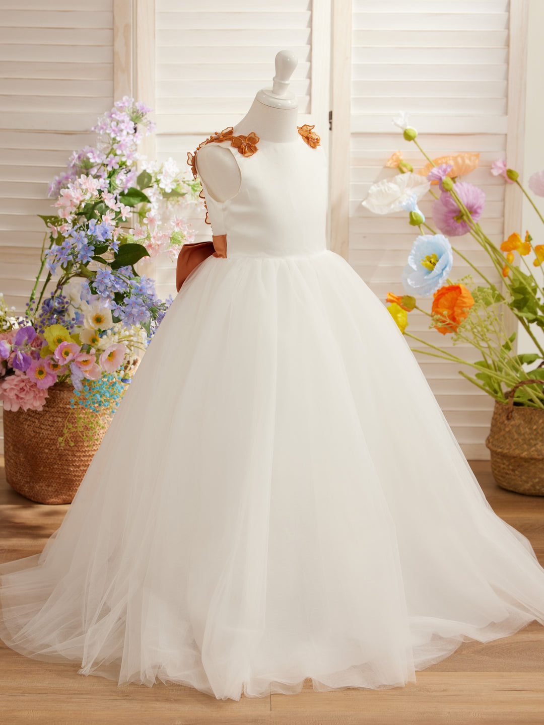 Robe de Bal/Princesse en Tulle à Fleurs 3D, Longueur Au Sol, Couleur Ivoire, pour Demoiselle D'Honneur