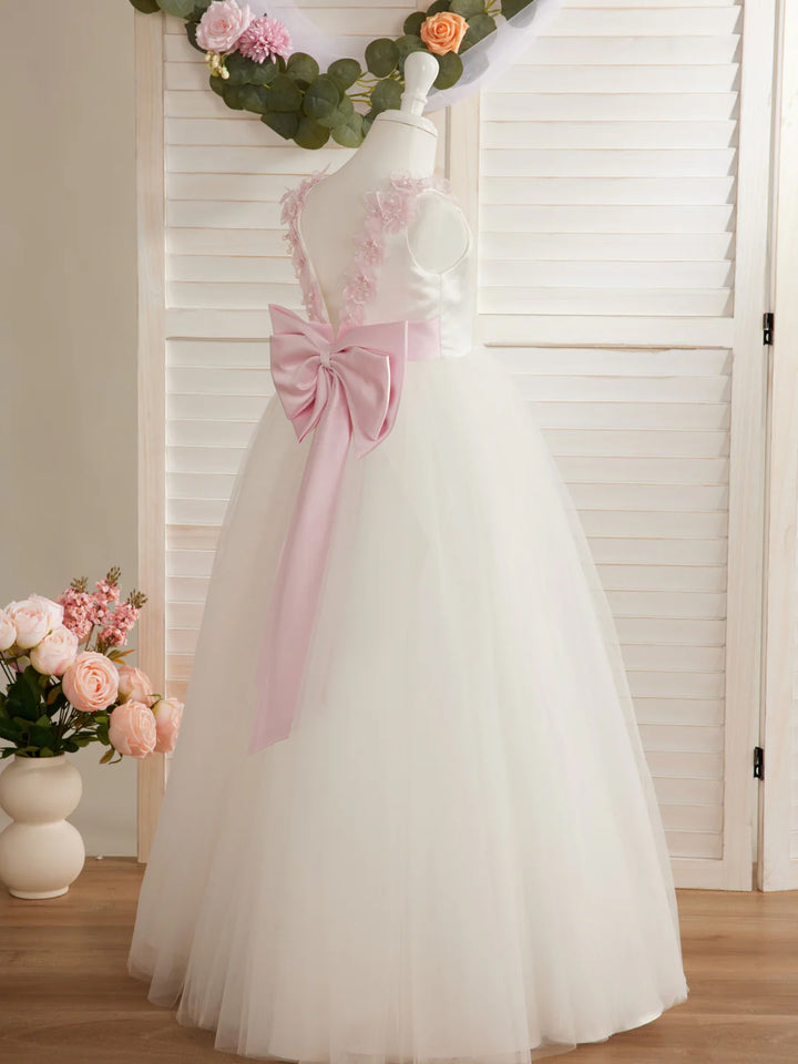 Robe de Bal/Princesse en Tulle à Fleurs 3D, Longueur Au Sol, Couleur Ivoire, pour Demoiselle D'Honneur