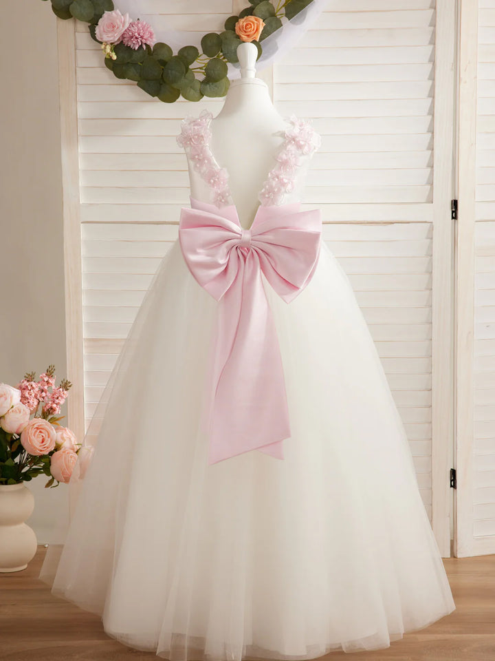 Robe de Bal/Princesse en Tulle à Fleurs 3D, Longueur Au Sol, Couleur Ivoire, pour Demoiselle D'Honneur