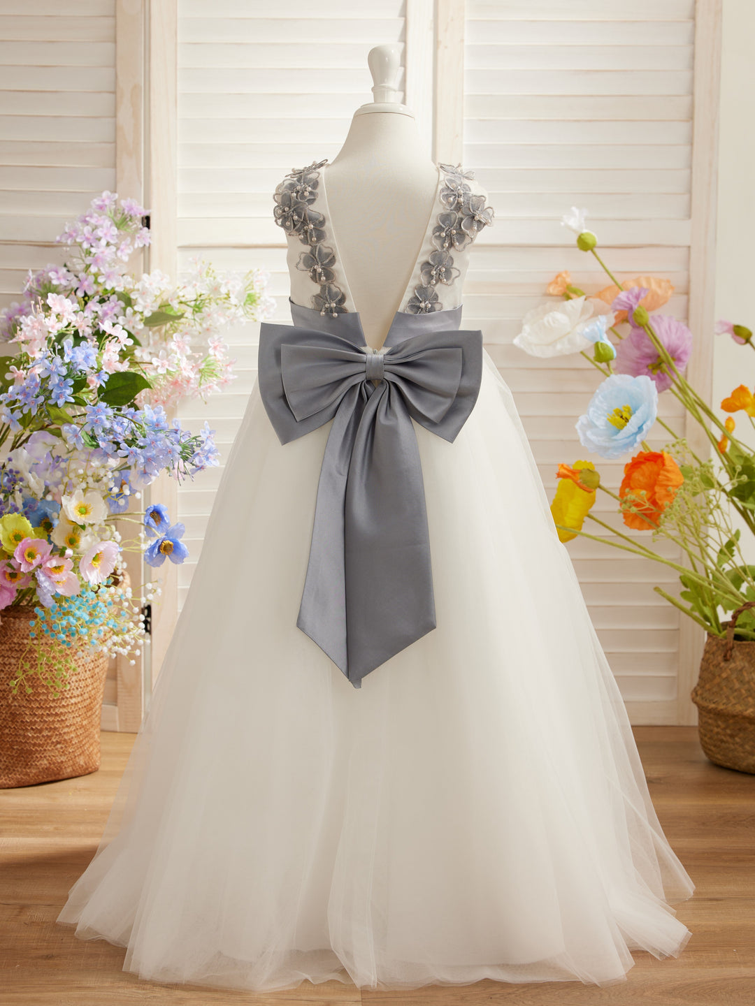 Robe de Bal/Princesse en Tulle à Fleurs 3D, Longueur Au Sol, Couleur Ivoire, pour Demoiselle D'Honneur