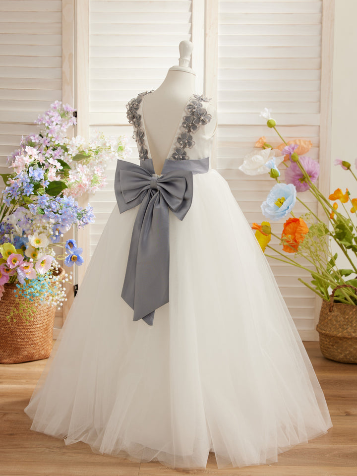 Robe de Bal/Princesse en Tulle à Fleurs 3D, Longueur Au Sol, Couleur Ivoire, pour Demoiselle D'Honneur