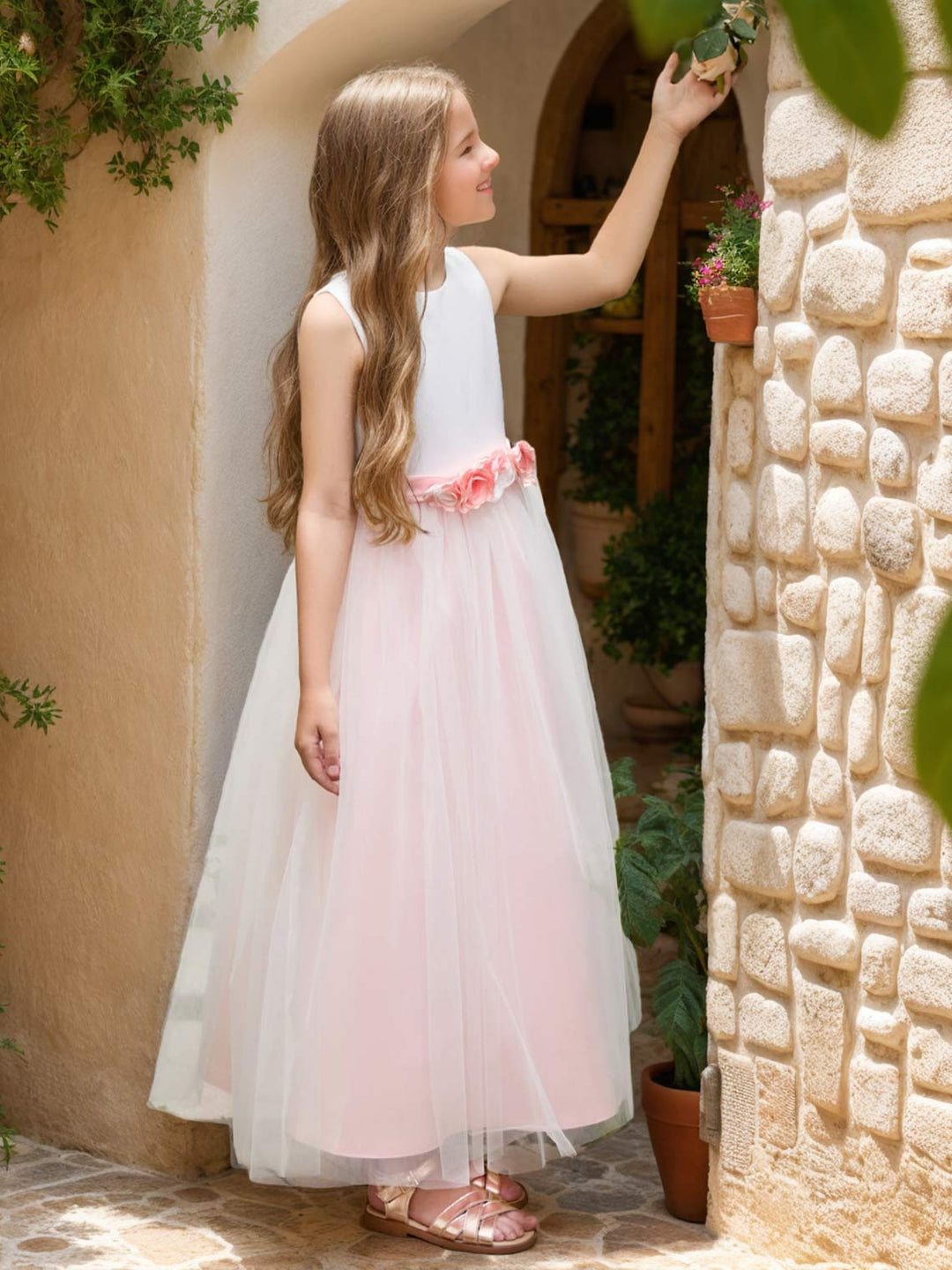 Robe de Demoiselle D'Honneur en Tulle Satiné à Fleurs 3D Coupe A Longueur Cheville