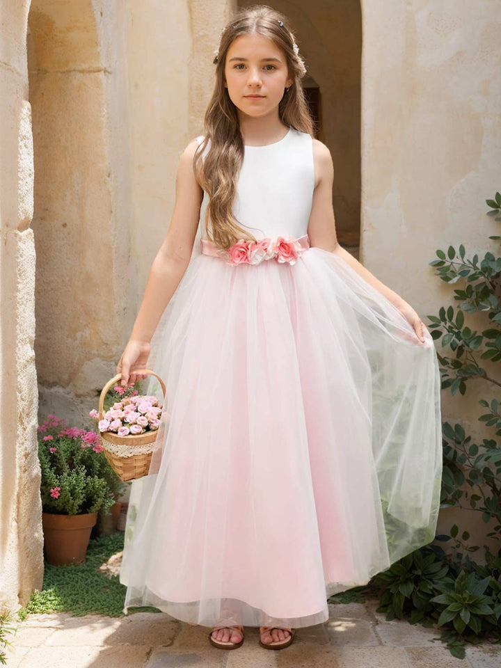 Robe de Demoiselle D'Honneur en Tulle Satiné à Fleurs 3D Coupe A Longueur Cheville