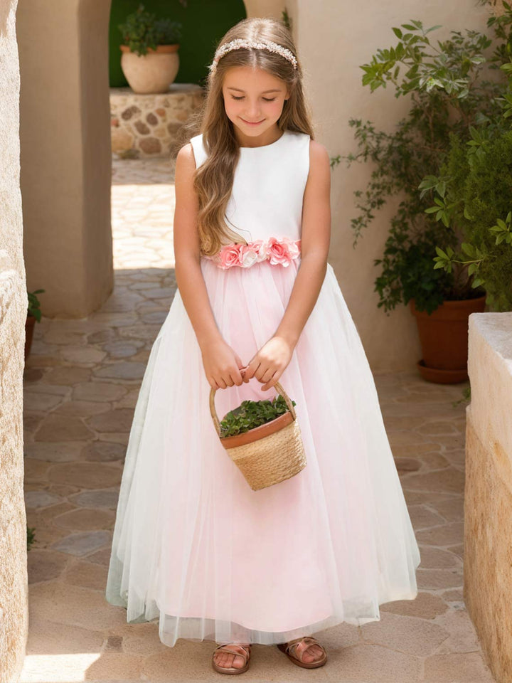 Robe de Demoiselle D'Honneur en Tulle Satiné à Fleurs 3D Coupe A Longueur Cheville