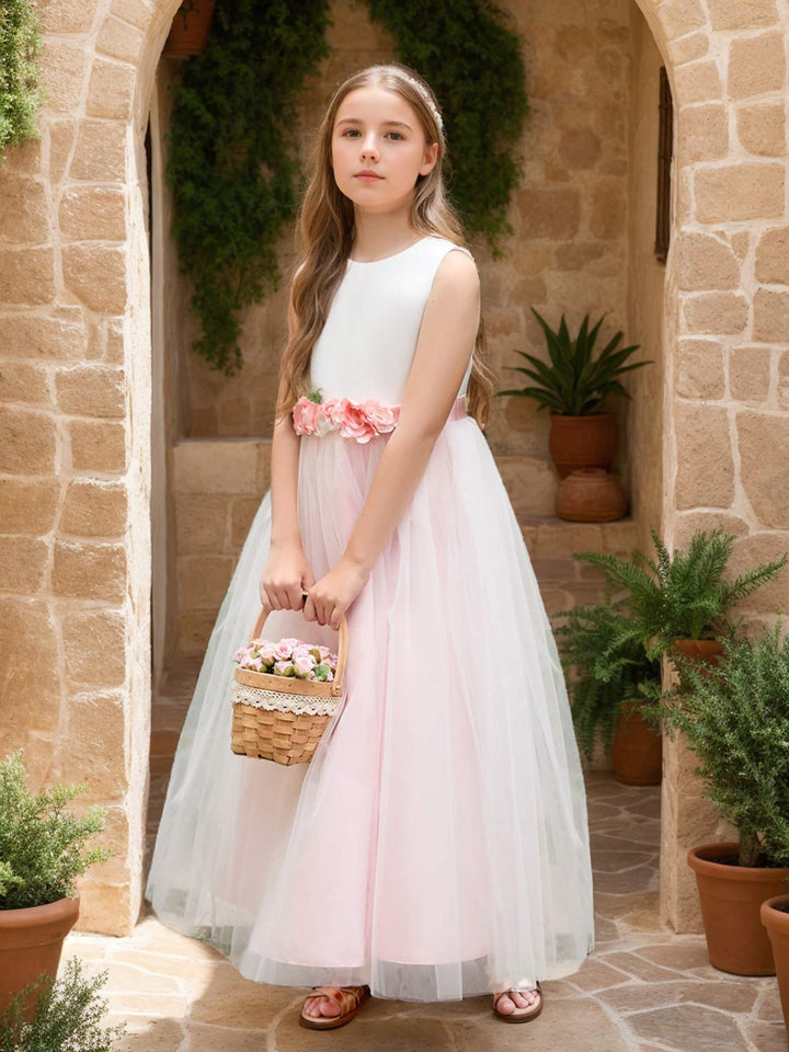 Robe de Demoiselle D'Honneur en Tulle Satiné à Fleurs 3D Coupe A Longueur Cheville