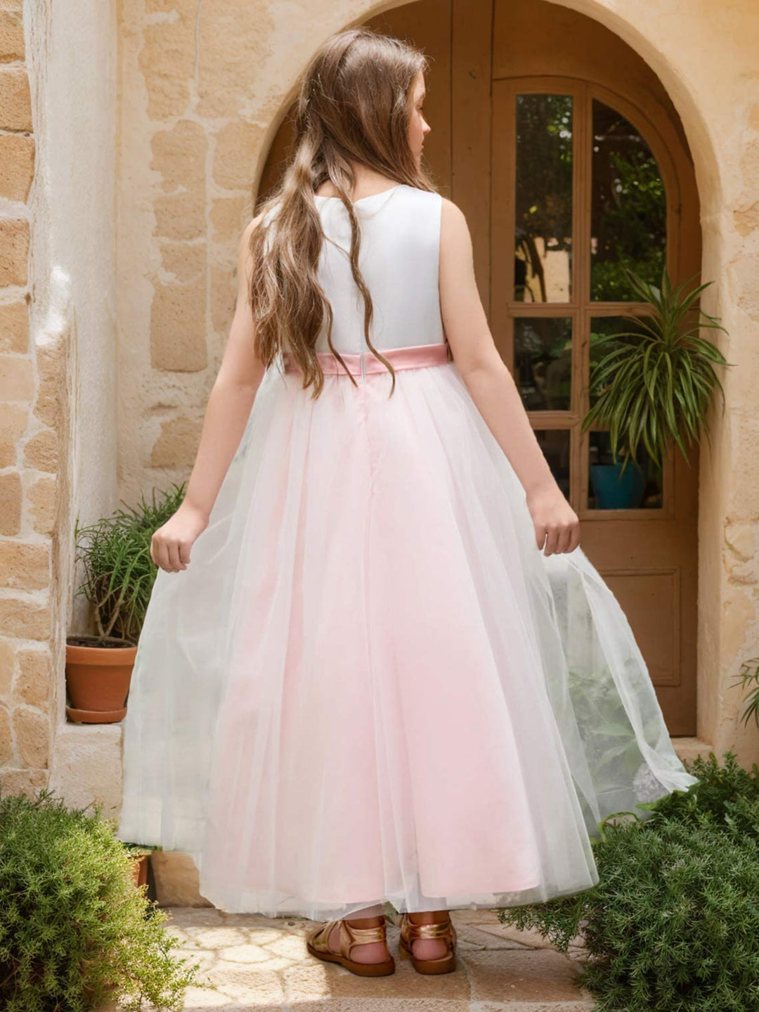 Robe de Demoiselle D'Honneur en Tulle Satiné à Fleurs 3D Coupe A Longueur Cheville