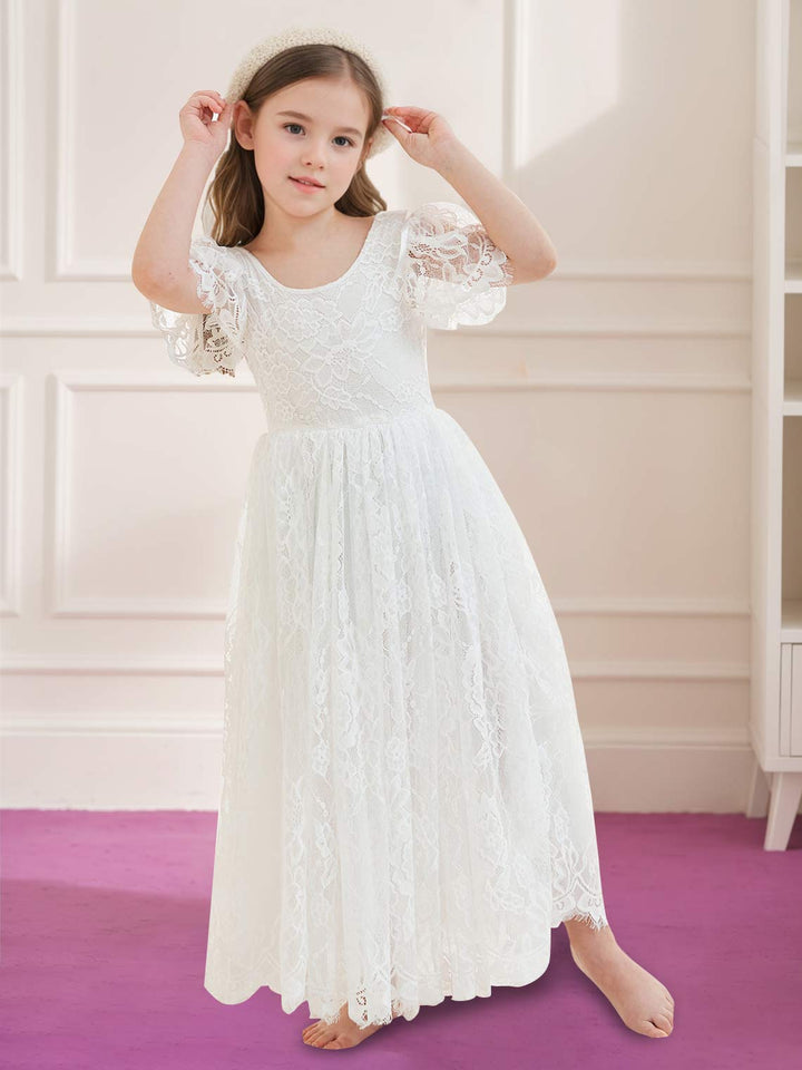 Robe de Demoiselle D'Honneur Style Bohème Ivoire en Dentelle Coupe A Longueur Cheville