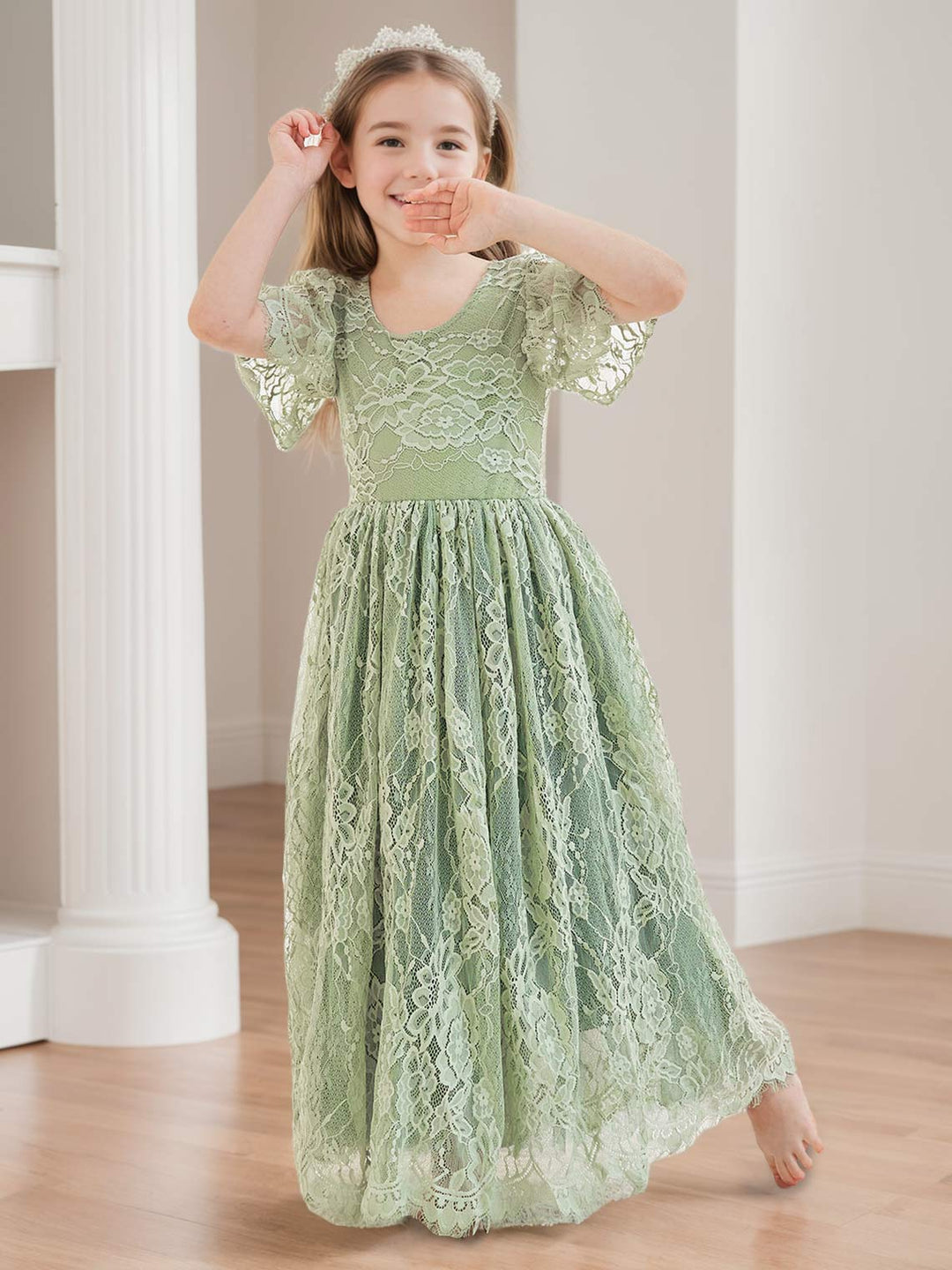 Robe de Demoiselle D'Honneur Style Bohème Ivoire en Dentelle Coupe A Longueur Cheville