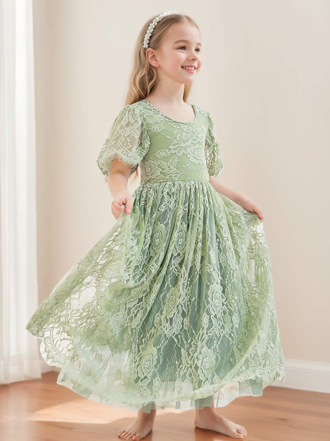 Robe de Demoiselle D'Honneur Style Bohème Ivoire en Dentelle Coupe A Longueur Cheville