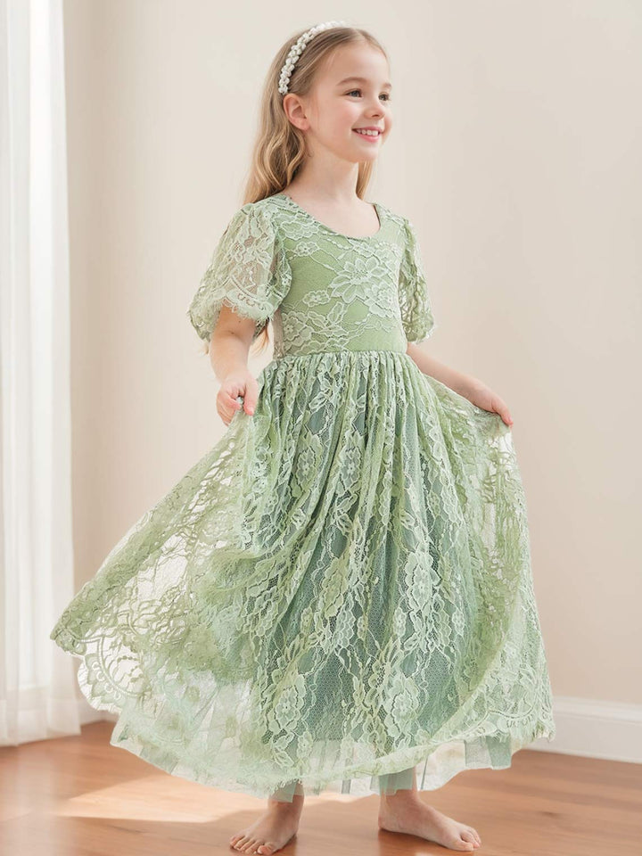 Robe de Demoiselle D'Honneur Style Bohème Ivoire en Dentelle Coupe A Longueur Cheville
