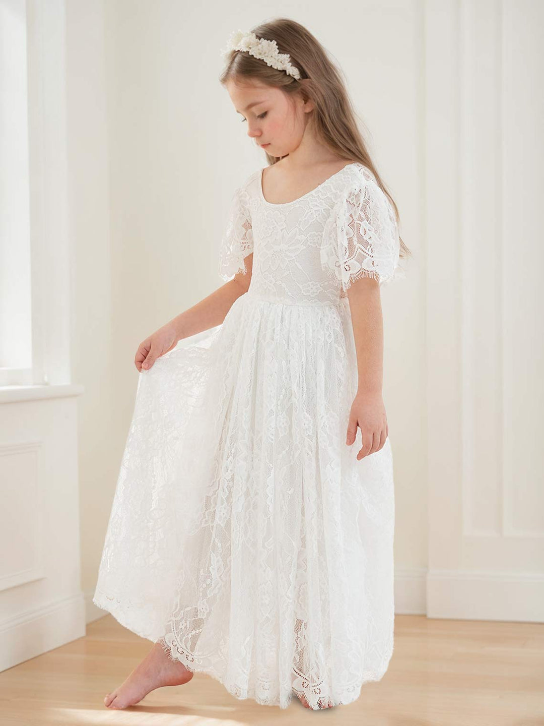 Robe de Demoiselle D'Honneur Style Bohème Ivoire en Dentelle Coupe A Longueur Cheville