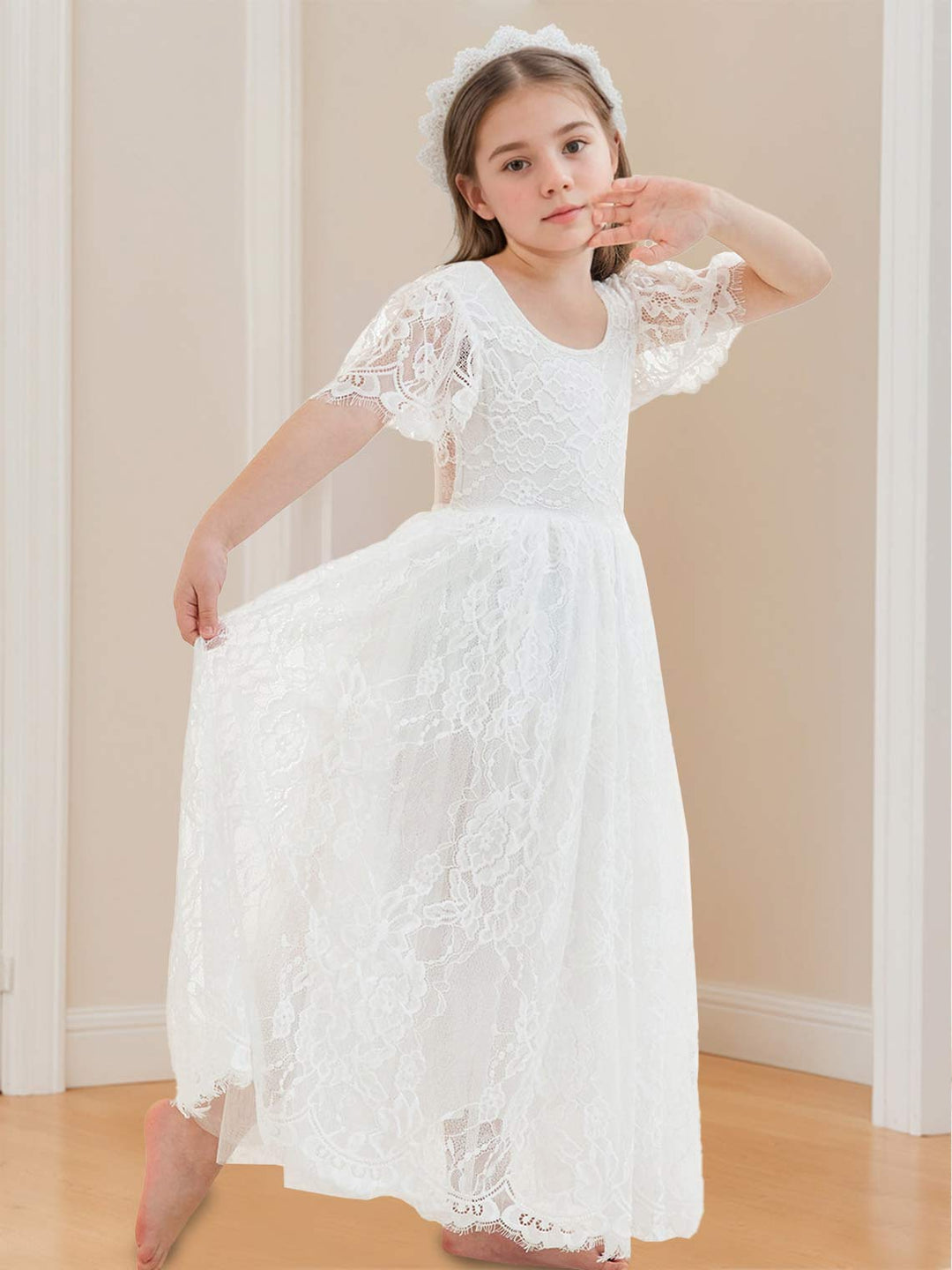 Robe de Demoiselle D'Honneur Style Bohème Ivoire en Dentelle Coupe A Longueur Cheville