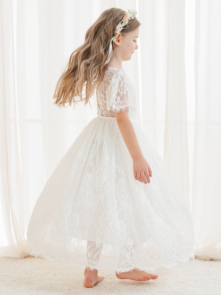 Robe de Demoiselle D'Honneur Style Bohème Ivoire en Dentelle Coupe A Longueur Cheville