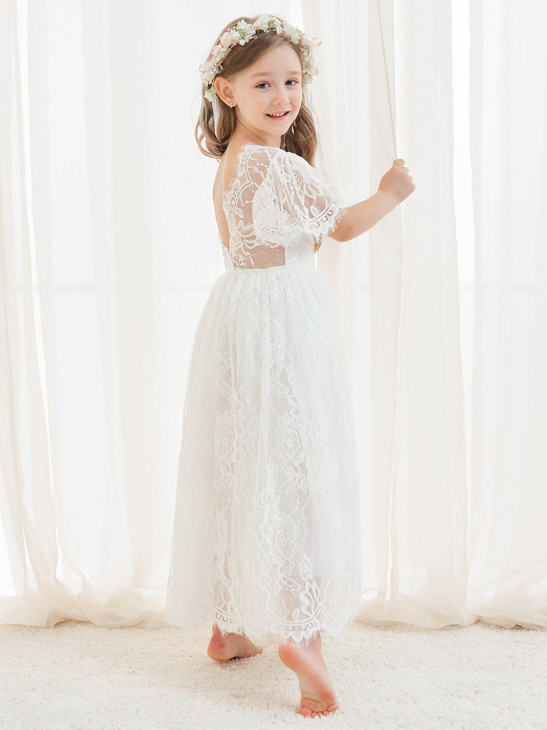 Robe de Demoiselle D'Honneur Style Bohème Ivoire en Dentelle Coupe A Longueur Cheville