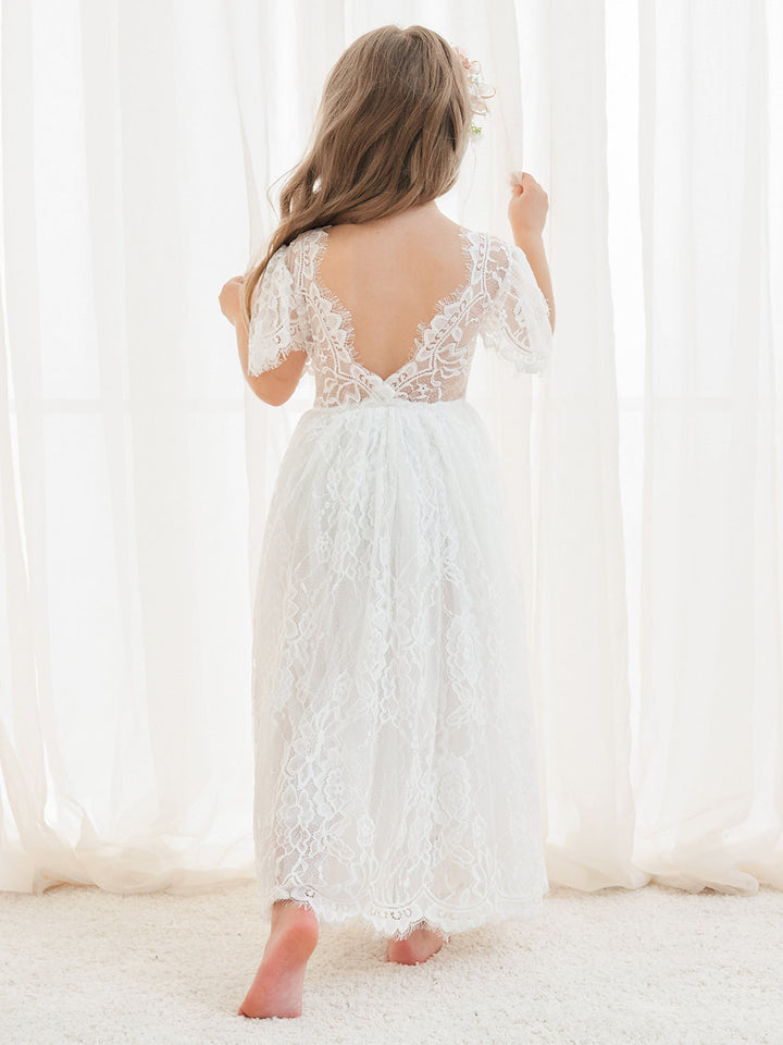 Robe de Demoiselle D'Honneur Style Bohème Ivoire en Dentelle Coupe A Longueur Cheville