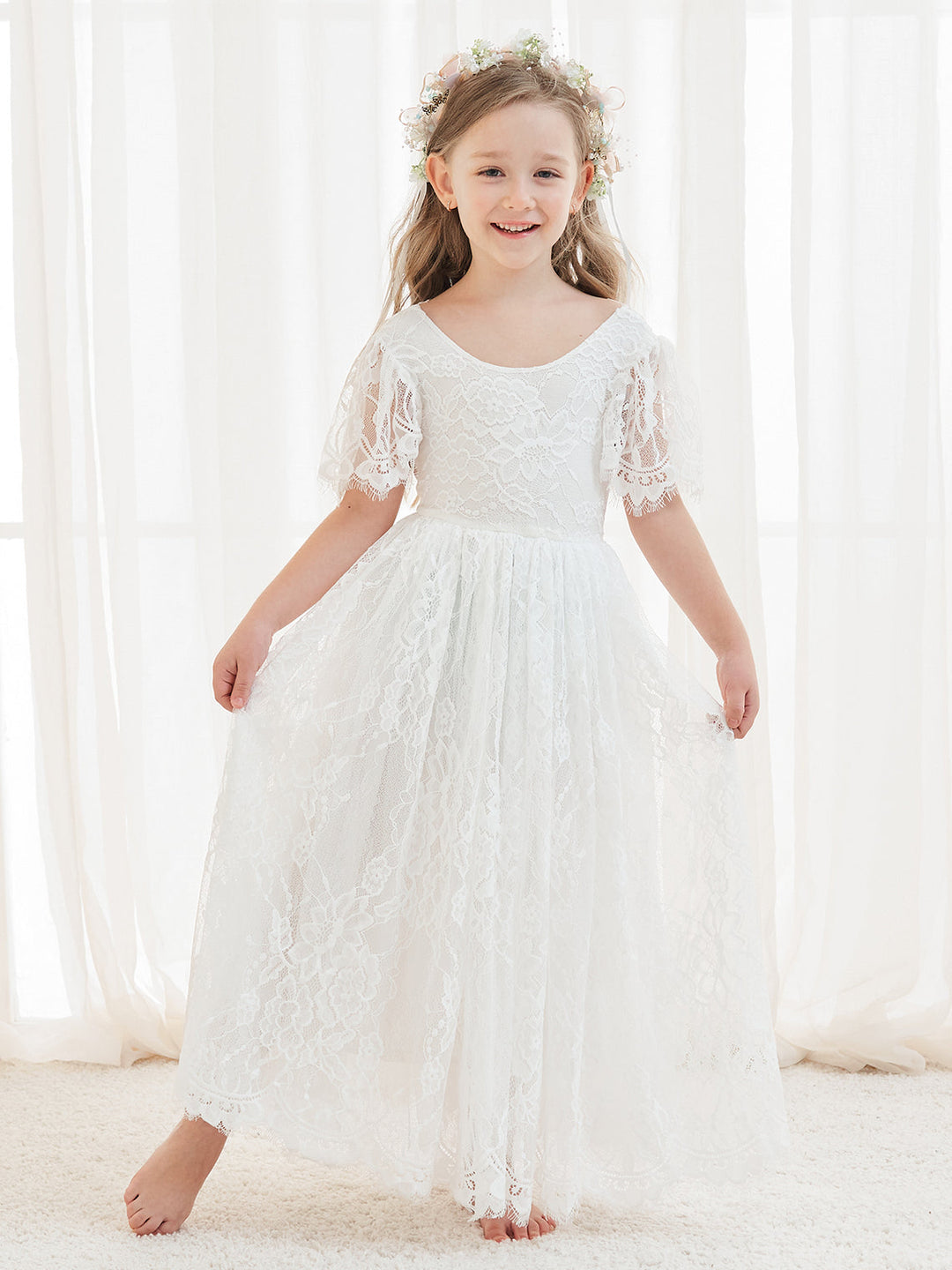 Robe de Demoiselle D'Honneur Style Bohème Ivoire en Dentelle Coupe A Longueur Cheville