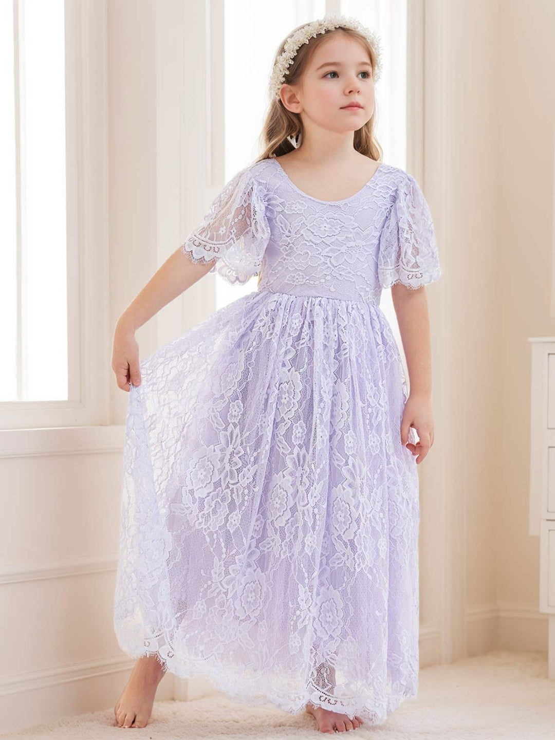 Robe de Demoiselle D'Honneur Style Bohème Ivoire en Dentelle Coupe A Longueur Cheville
