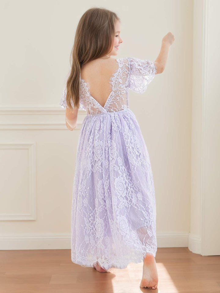 Robe de Demoiselle D'Honneur Style Bohème Ivoire en Dentelle Coupe A Longueur Cheville
