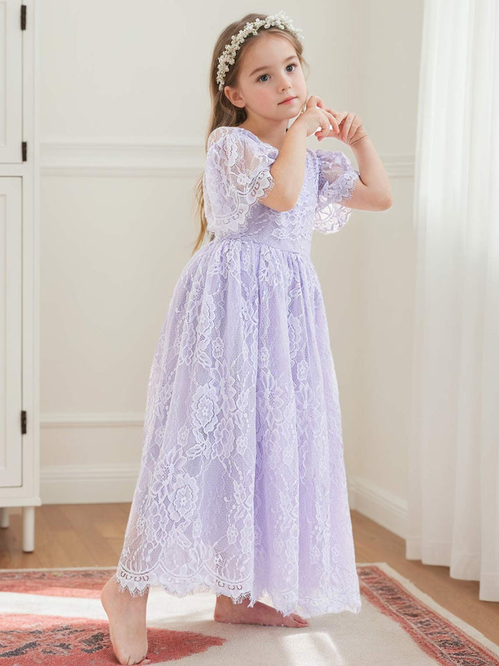Robe de Demoiselle D'Honneur Style Bohème Ivoire en Dentelle Coupe A Longueur Cheville