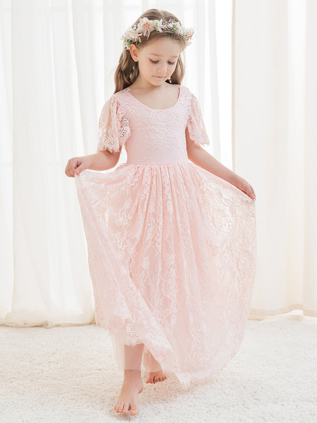 Robe de Demoiselle D'Honneur Style Bohème Ivoire en Dentelle Coupe A Longueur Cheville