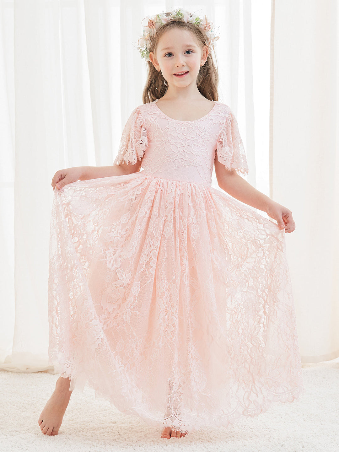 Robe de Demoiselle D'Honneur Style Bohème Ivoire en Dentelle Coupe A Longueur Cheville