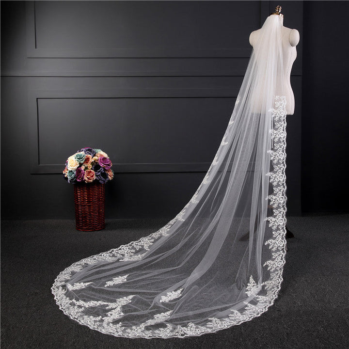 Voile de Mariée Long en Dentelle à Un Niveau avec Appliques