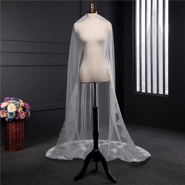 Voile de Mariée Long en Dentelle à Un Niveau avec Appliques