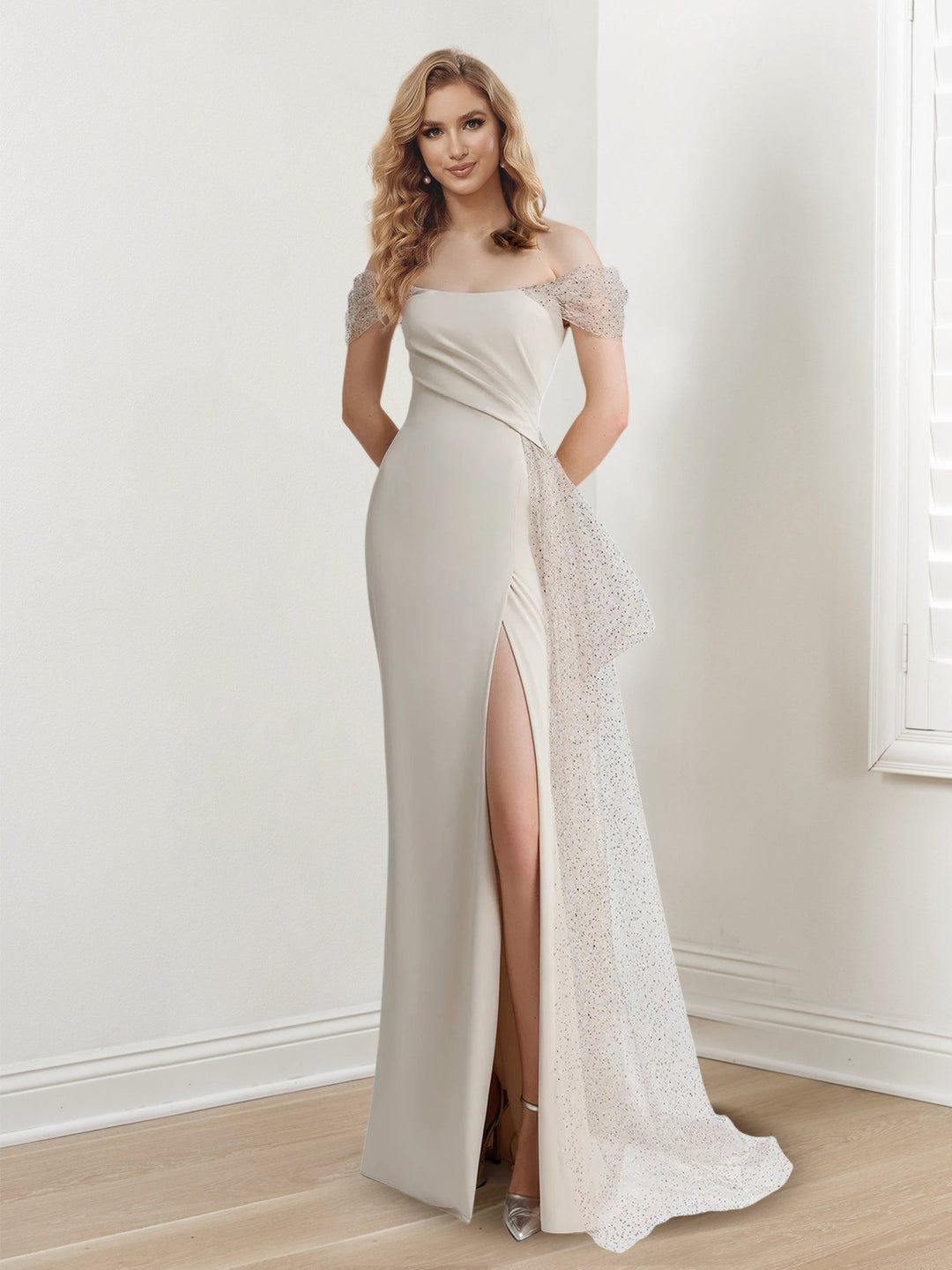 Robe de Soirée Longue Fourreau/Colonne à Épaules Dénudées et Manches Courtes, Longueur Au Sol, avec Fente Sur le Côté