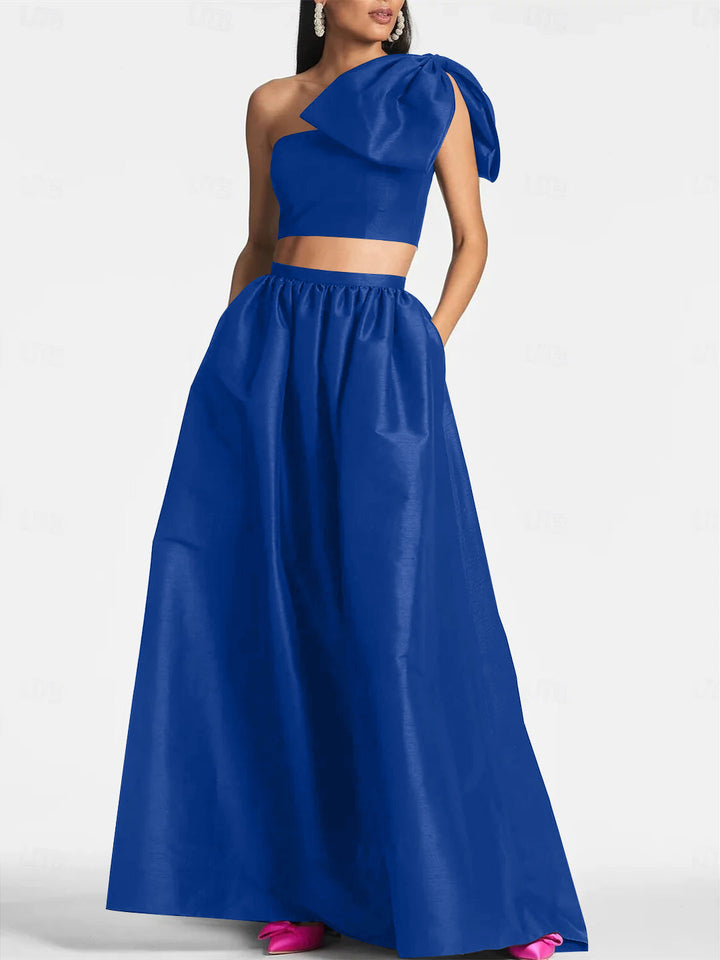 Robe de Mariée A-Line/Princess Asymétrique à Une Épaule, Longueur Au Sol, Sans Manches, en Satin avec Nœud(S) de Poche