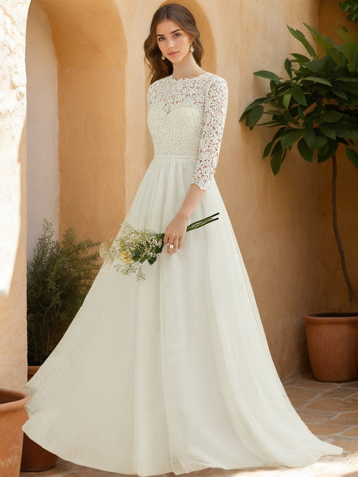 Robe de mariée A-Ligne/Princesse, col rond, manches 3/4, longueur sol, avec appliqués