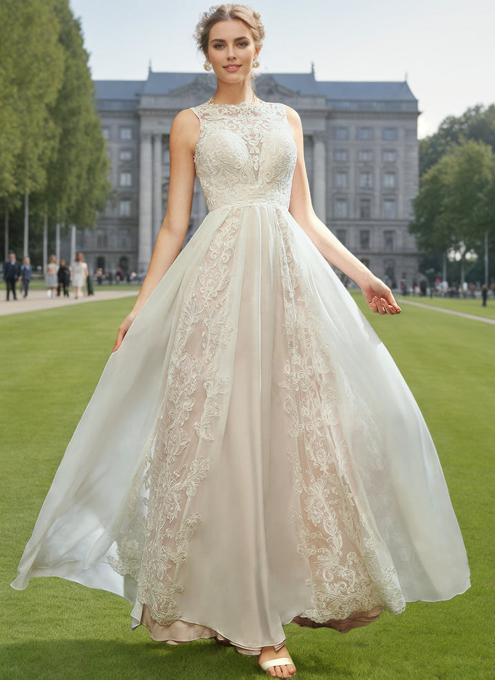 Robe de mariée trapèze/princesse, col rond, sans manches, longueur sol, tulle, appliques & dentelle