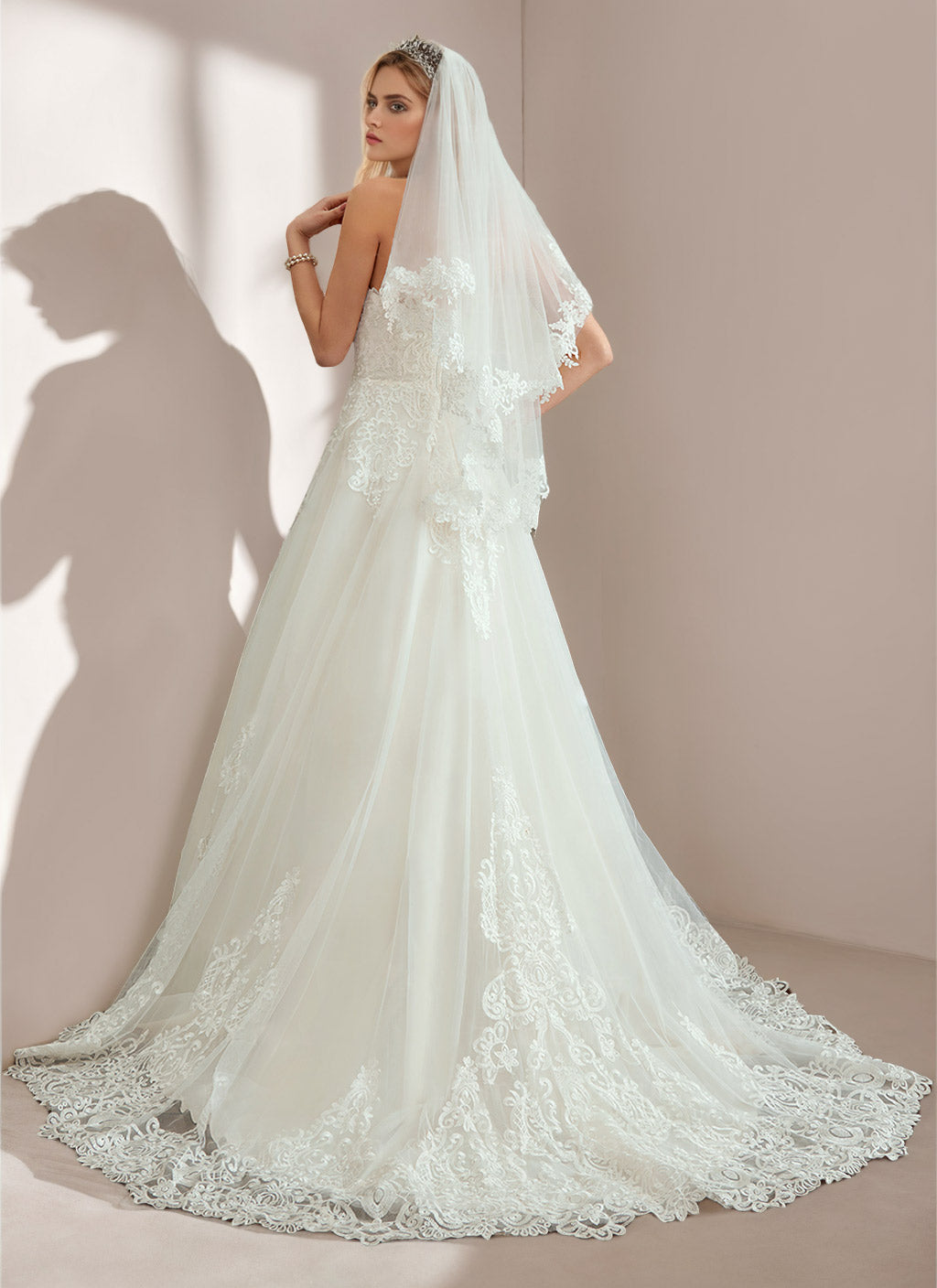 Robe de mariée trapèze/princesse, sans bretelles, sans manches, longueur sol, applique & dentelle