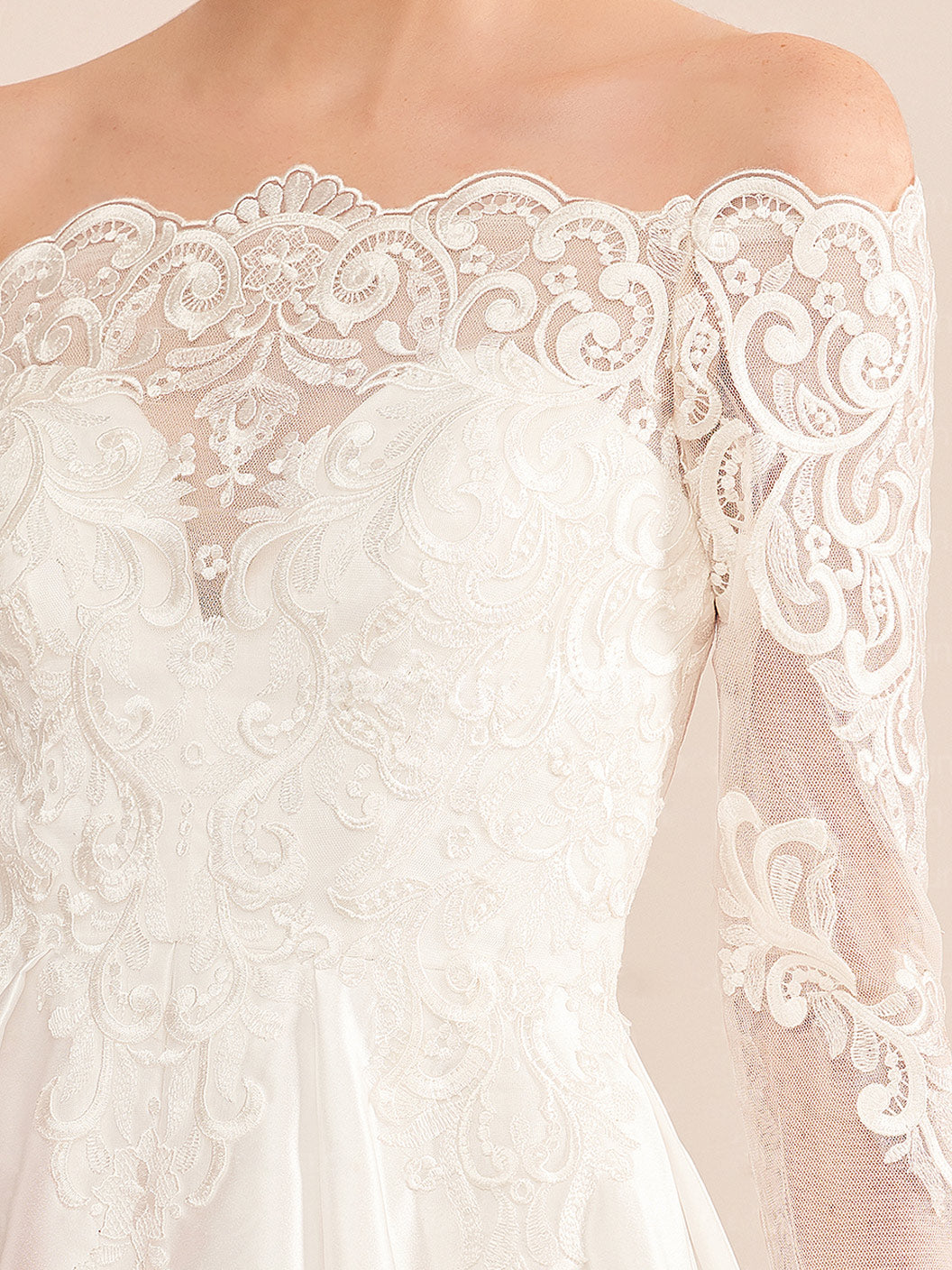 Robe de mariée trapèze/princesse, hors-épaules, longueur longue/longueur sol, dentelle, appliques