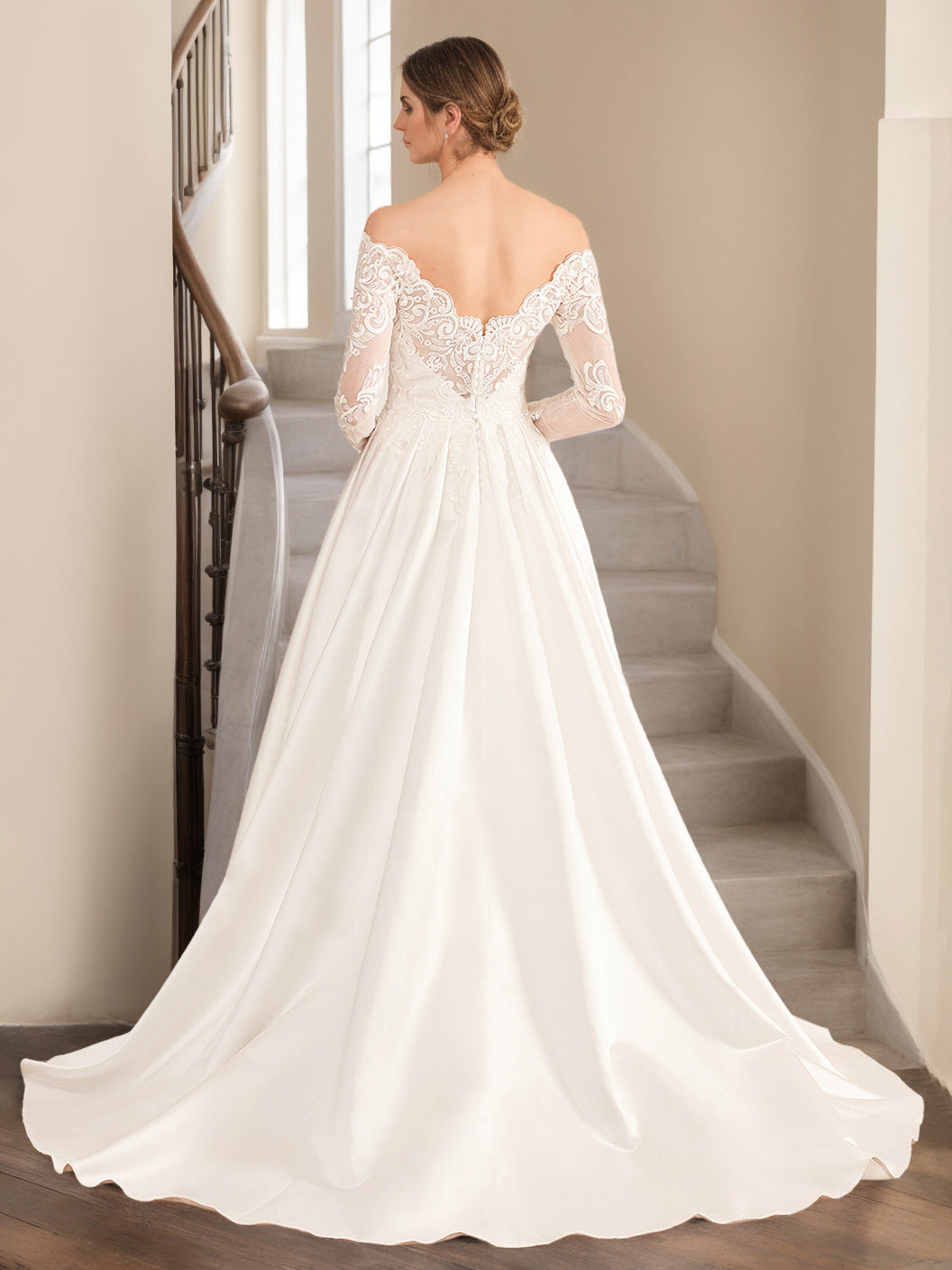 Robe de mariée trapèze/princesse, hors-épaules, longueur longue/longueur sol, dentelle, appliques