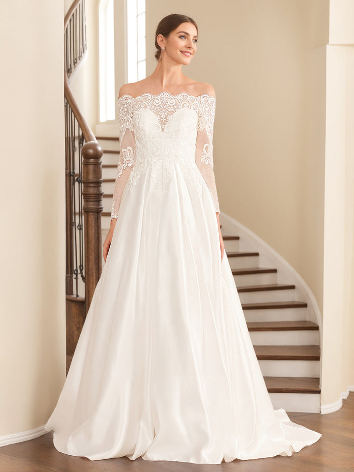 Robe de mariée trapèze/princesse, hors-épaules, longueur longue/longueur sol, dentelle, appliques