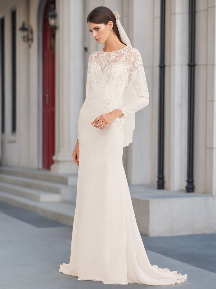 Robe de mariée trapèze/princesse, col rond, manches longues, longueur sol, appliques