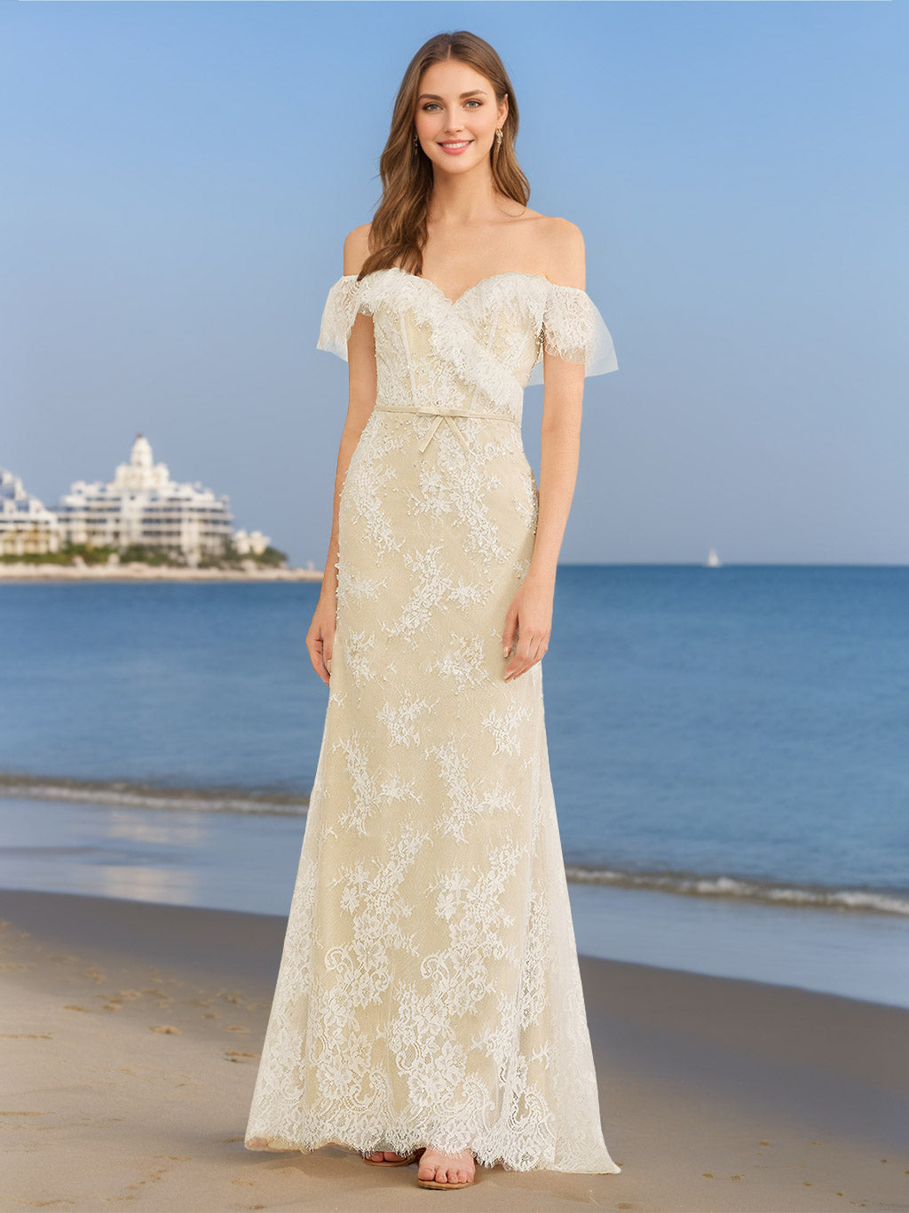 Robe de mariée trapèze/princesse, hors-épaules, cœur, longueur sol, appliques