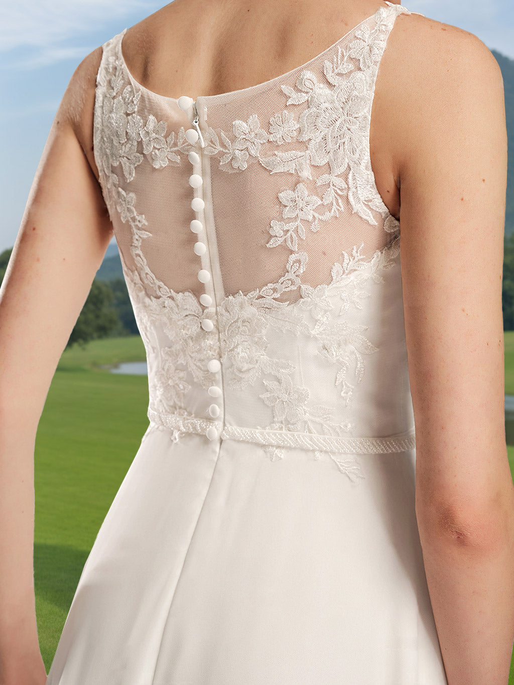 Robe de mariée trapèze/princesse, col rond, sans manches, longueur sol, appliques dentelle