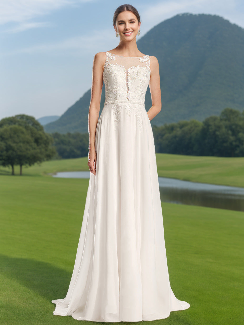 Robe de mariée trapèze/princesse, col rond, sans manches, longueur sol, appliques dentelle