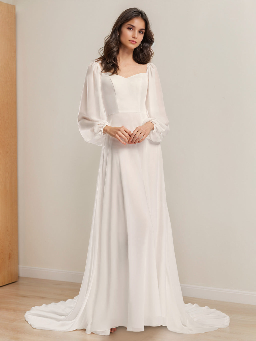 Robe de mariée trapèze/princesse, col V, manches longues, longueur sol