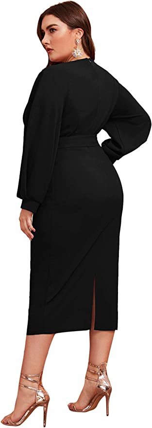 Robe moulante mi-longue ceinturée à manches lanternes et col en V pour femmes, grande taille